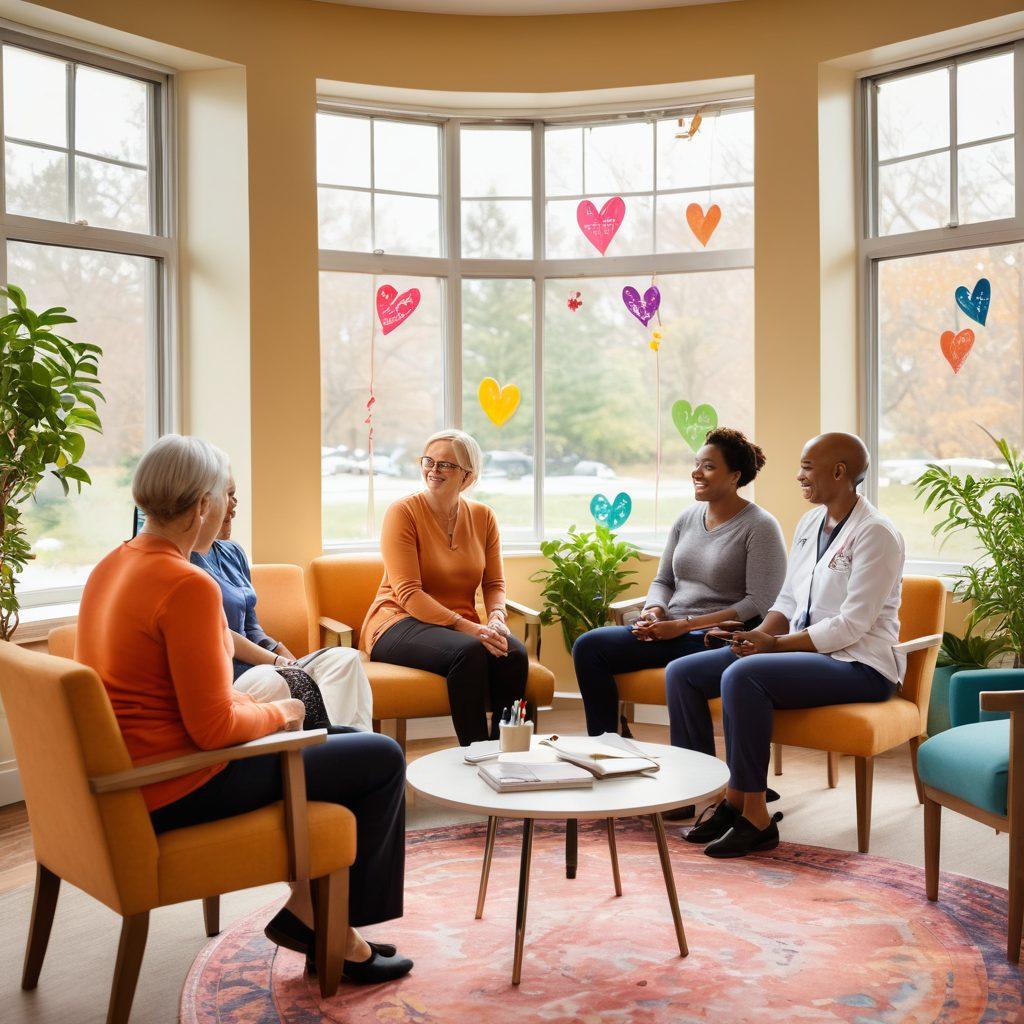 A diverse group of individuals, including patients, advocates, and healthcare professionals, gathered in a warm, welcoming environment. They are engaged in a supportive circle, sharing stories and uplifting each other, with inspirational quotes on colorful posters in the background. Soft, natural light filters through large windows, creating a sense of hope and healing. Include symbols of cancer awareness, like ribbons, and comforting elements like plants and cozy seating. painting. vibrant colors. warm atmosphere.