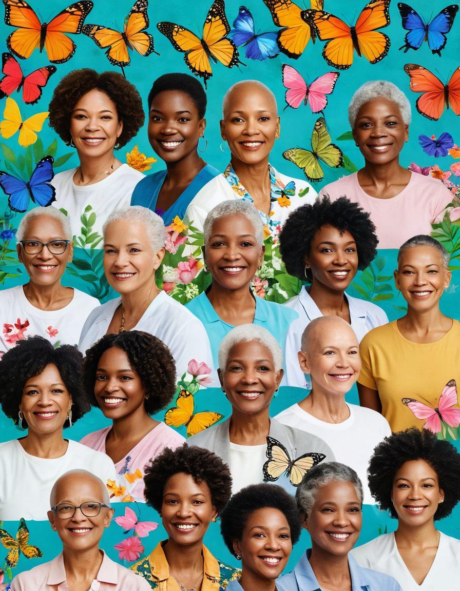 A collage of diverse cancer survivors sharing their stories, surrounded by symbols of hope like butterflies and blooming flowers. Include vibrant colors to represent resilience, with a soft light illuminating their faces, showcasing emotions of strength and joy. Background elements could feature a serene nature scene, symbolizing growth and renewal. super-realistic. vibrant colors. soft focus.