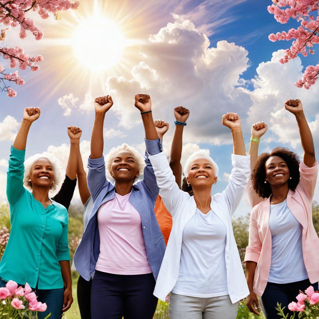 A serene and empowering scene of a diverse group of cancer survivors, with their fists raised in triumph, surrounded by symbols of hope like blooming flowers and gentle sunlight breaking through clouds. In the background, a pathway represents the journey from diagnosis to empowerment, with elements like a stethoscope and medical charts subtly integrated. The colors are warm and uplifting to evoke resilience and positivity. super-realistic. vibrant colors. soft focus.
